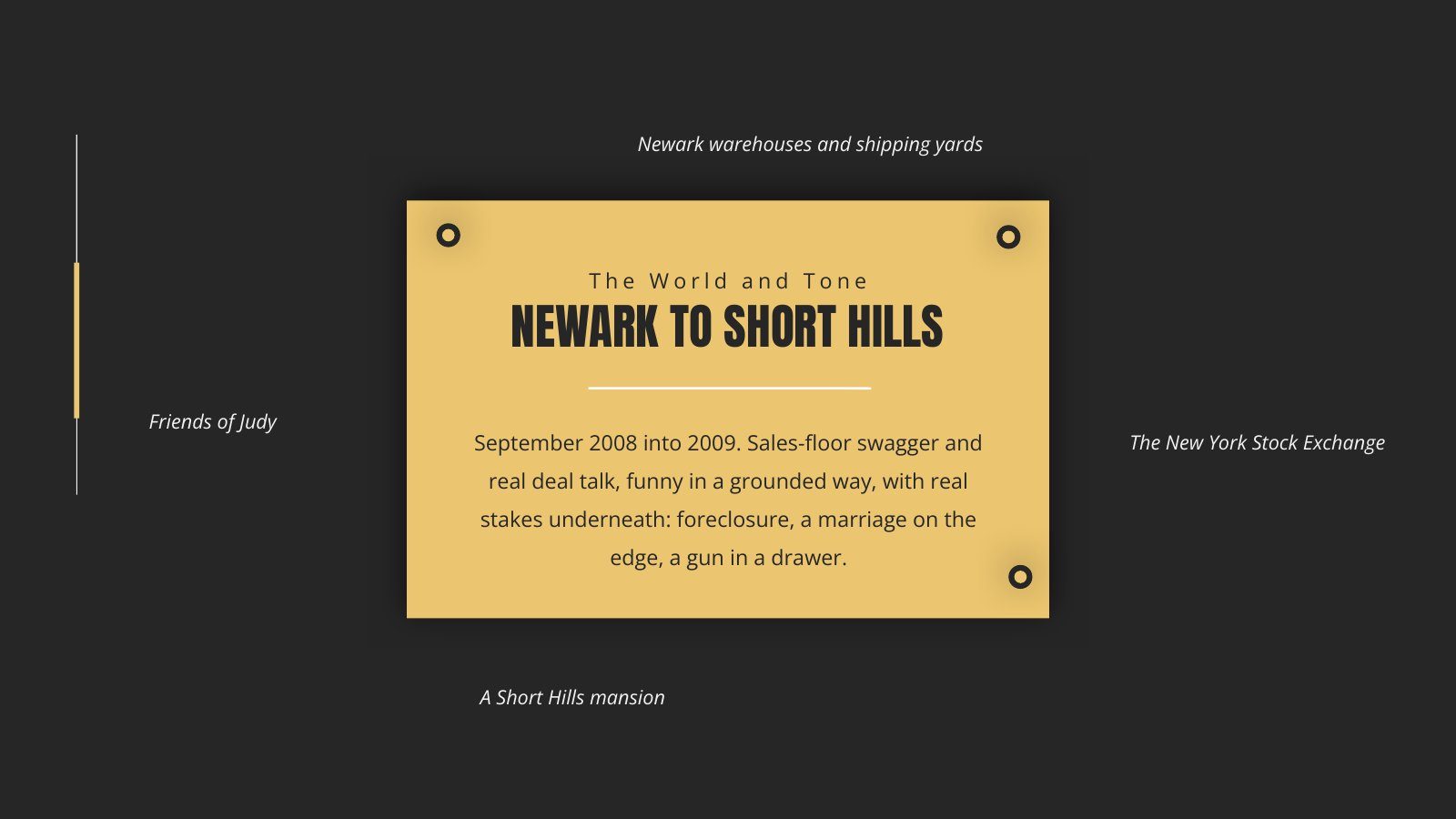 Pitch deck slide: The World and Tone, Newark to Short Hills